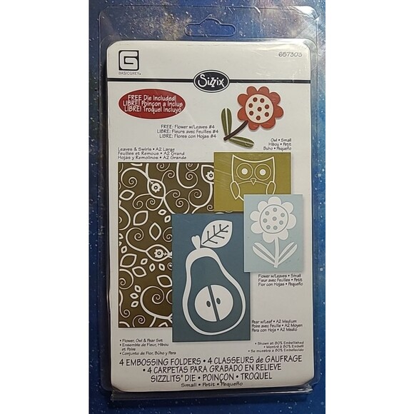 SIZZIX SET OF 4 EMBOSSING FOLDERS # 657303 NEW OWL FLOWER PEAR LEAVES & SWIRLS - Picture 1 of 2